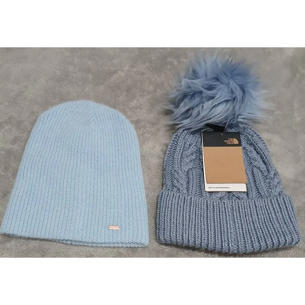 North face free People womens blue beanie knit cable hat lot of 2